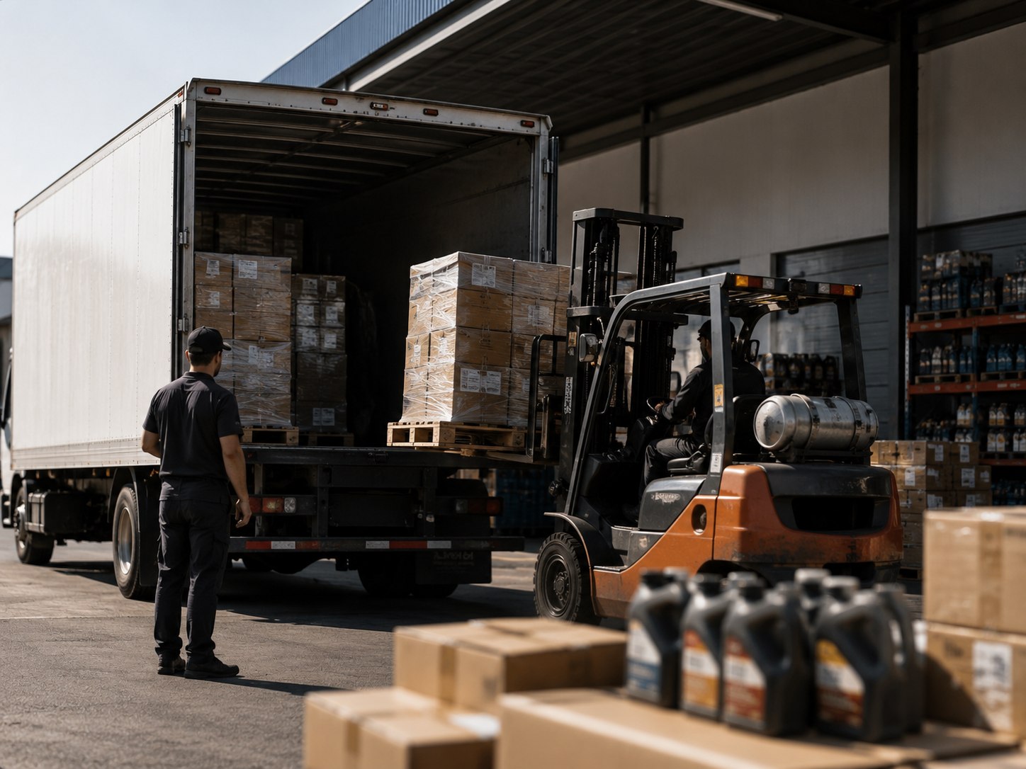 Centro de distribuição com caminhão em carregamento